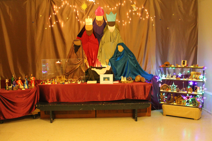 The nativity scene, the birth of Jesus, is displayed on drapes for the celebration of Christmas